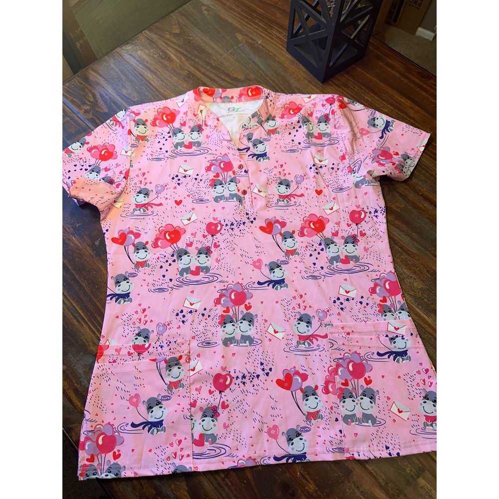 GT Performance Scrub Pink Hippo Valentine Hearts Balloons V Neck Scrub Top‎ XL